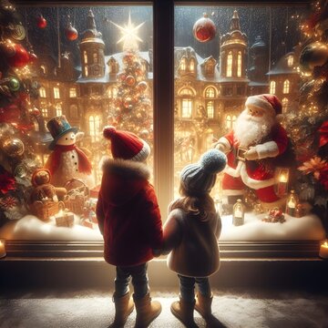 Photo of two children mesmerized by a festive Christmas window display