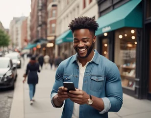 Fotobehang Cheerful African-American man in casual attire laughs while reading a message on his smartphone, capturing a candid moment on a city street with vibrant storefronts in the background © Adrian