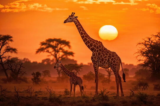 Beautiful image of a baby giraffe and mother walking in the dry grass of savanna at sunset. Amazing African wildlife