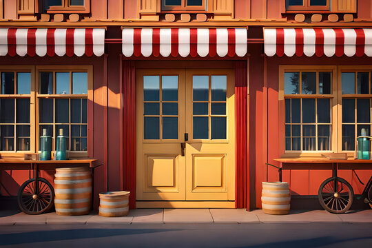 wild west wooden saloon facade with striped awning, 3d animation  cartoon style