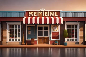 Foto op Canvas wild west wooden saloon facade with striped awning, 3d animation  cartoon style © eric