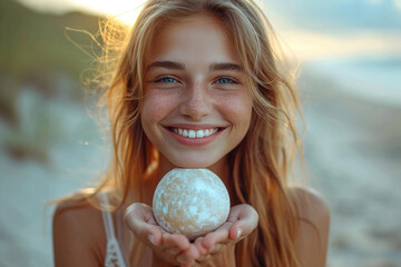 The elegance of a woman's hand delicately holding a sphere adorned with a happy smile