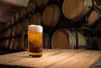 background of barrel and worn old table of wood. High quality photo. High quality photo