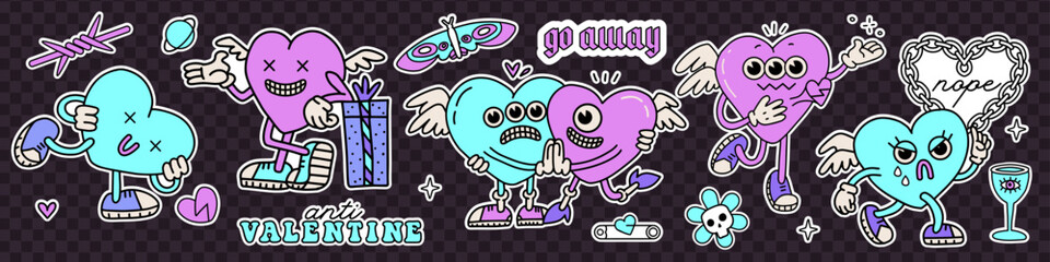 Neon y2k anti valentines day stickers set with retro cartoon cupid characters. 2000s anti love conception. Trendy Vector hand drawn illustration - obrazy, fototapety, plakaty