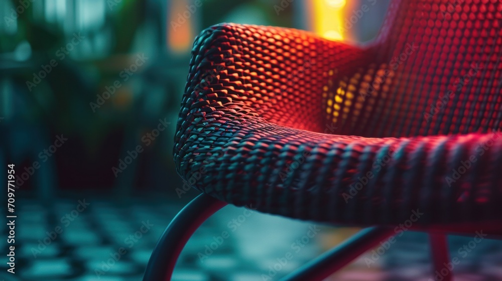 Wall mural A close up of a chair with red fabric and green leaves, AI