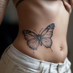 young slender girl shows off her butterfly tattoo on her slender body