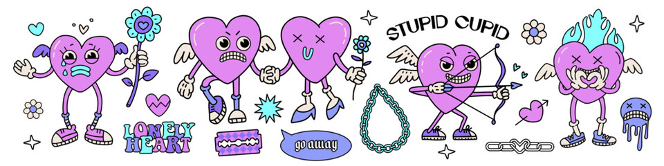 Anti Valentine's day Y2K set with cupid characters. Cute heart mascots with funny quotes. Comic Vector hand drawn illustration