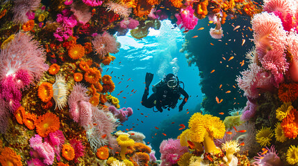 Fototapeta na wymiar Diver amidst a colorful array of soft corals and sea anemones.