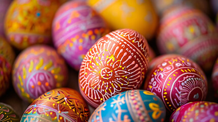 Fototapeta na wymiar Close-up of hand-painted Easter eggs with intricate designs and vibrant colors.