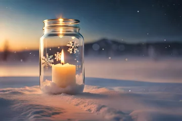 Poster lit candle in a jar in a snowy blurred background , winter theme © eric