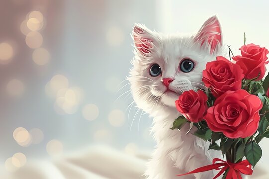 Valentine's Day Concept with Adorable Cat Holding Roses