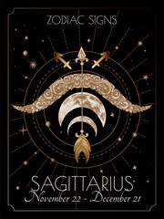 Vector illustration of zodiac signs. Sagittarius in black and gold colors in engraving style