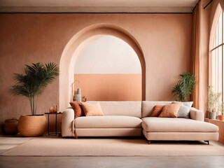 Loft home interior design of modern living room. beige sofa with terra cotta pillows against arched window near stucco wall with copy space