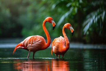 two flamingos stand together in water