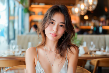 Casual Charm: A Young Woman's Elegant Moment in a Café