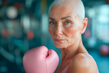 Woman with short hair and pink boxing gloves ready to fight breast cancer