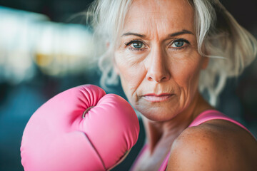 breast cancer awareness month: woman in pink sports clothes punching with pink boxer gloves