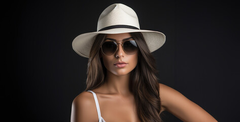 portrait of a woman wearing sunglasses, portrait of a girl in a hat, portrait of a woman, beautiful young woman long slanted white Cordovan hat