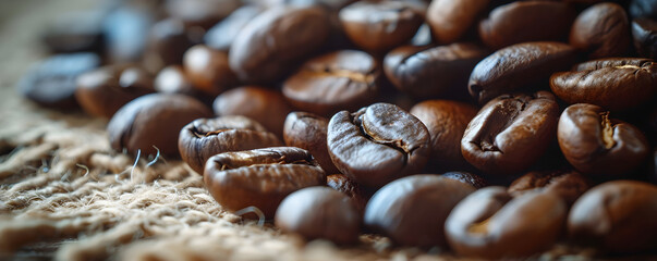 Close-up photo of fresh roasted coffee beans on a textured wooden table background. Coffee lovers trendy concept banner. 