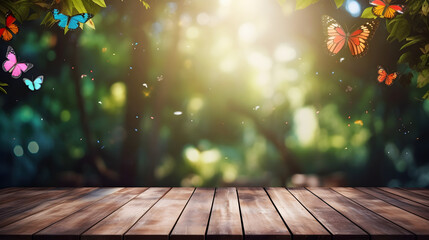 Empty wooden table mockup with defocused bsummer sunset in green trees, butterflies and evening glow in background