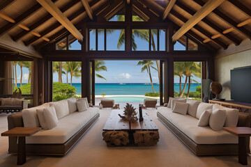 Luxury house living room on tropical beach - obrazy, fototapety, plakaty