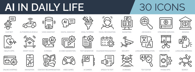 Fototapeta na wymiar Set of 30 outline icons related to Artificial intelligence in daily life. Linear icon collection. Editable stroke. Vector illustration