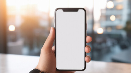 Male hand holding smartphone with blank screen on blurred background. mock up