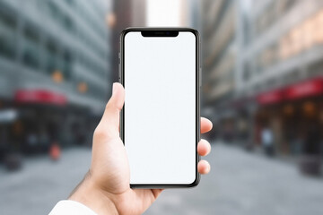 Mockup of a hand holding a smartphone with blank white screen over blurred city background