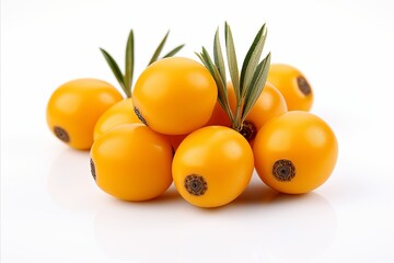 Ripe sea buckthorn berries on white background   deep depth of field, food photography.