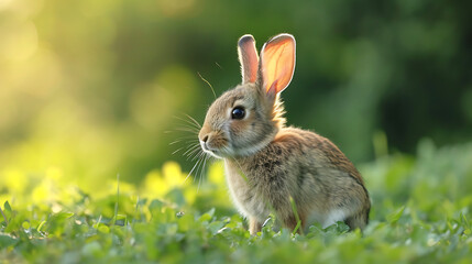 A cute cottontail rabbit, with its fluffy white tail and brown fur, is nibbling on fresh green grass in a peaceful meadow, Backlighting, Surrealism.