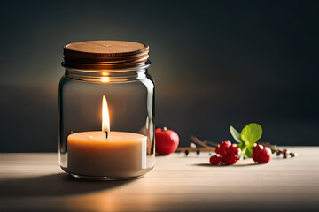 glowing candle in a glass jar dim light and soothing ambiance