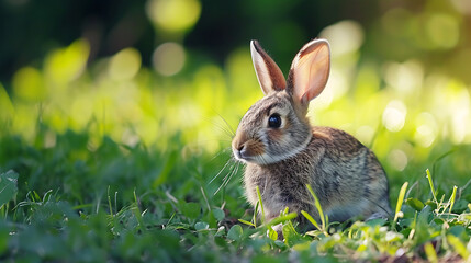 A cute cottontail rabbit, with its fluffy white tail and brown fur, is nibbling on fresh green grass in a peaceful meadow, Backlighting, Surrealism.