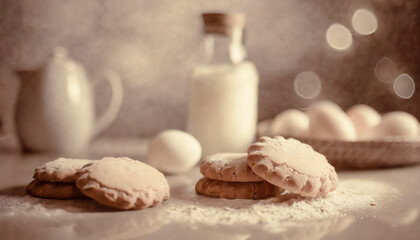 Fototapeta na wymiar fresh cookies and milk and eggs against a festive background