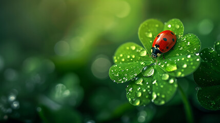 A ladybug crawls on a four-leaf clover, dew - Powered by Adobe