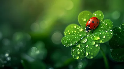 Fotobehang A ladybug crawls on a four-leaf clover, dew © Lisanne