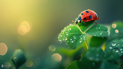 A ladybug crawls on a four-leaf clover, dew