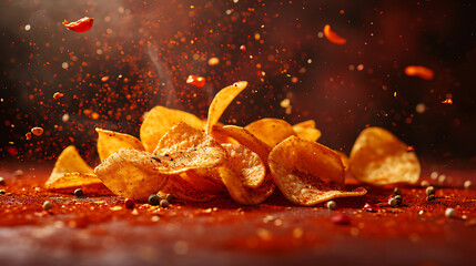 Commercial food photography; crispy and crunchy chips surrounded by spices flying in the air...