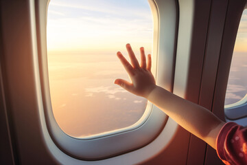 A child's hand on the airplane window with the sunset sky. Children's transportation and travel by airplane. Copy space. Soft focus and blurred.