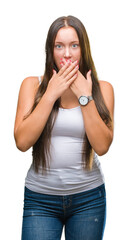 Young caucasian beautiful woman over isolated background shocked covering mouth with hands for mistake. Secret concept.