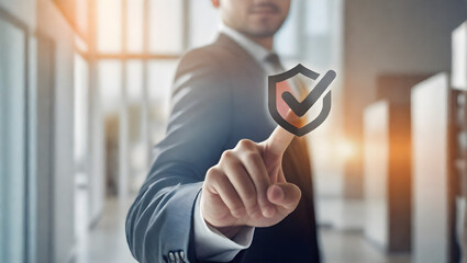 Technology computer and internet cyber security and anti virus concept, Businessman pressing security shield with check mark icon with blurred office background