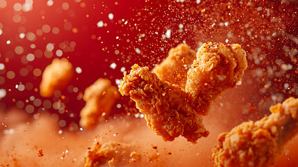 Commercial food photography; crispy and crunchy fried chicken surrounded by spices flying in the...