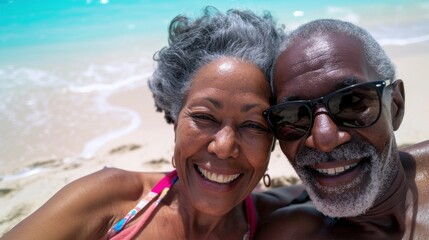 Senior African American couple enjoying the sun and seaside holidays while lying on the sandy beach
