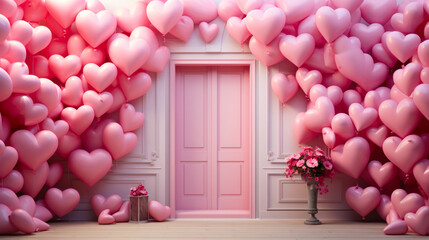 Pink Heart Balloons Filling a room. Generative AI