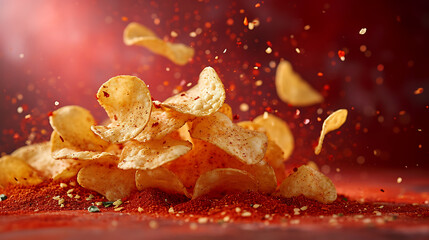 Commercial food photography; crispy and crunchy chips surrounded by spices flying in the air against a plain red background, studio light