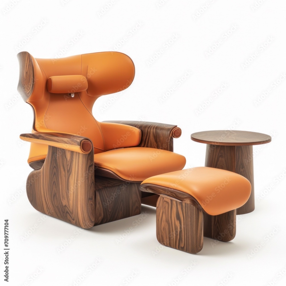 Sticker A chair and ottoman with a leather seat, wooden legs, AI