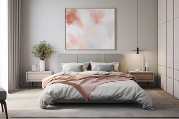 Cama confortável e levemente bagunçada com uma manta rosa em um quarto moderno e claro com um quadro abstrato ao fundo 