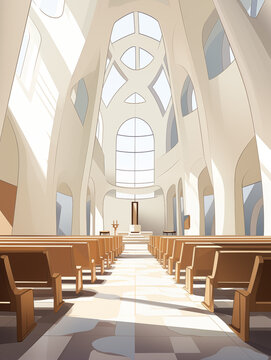 Capela de uma igreja branca com bancos de madeira clara - Ilustração simples clara