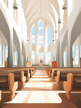 Capela de uma igreja branca com bancos de madeira clara - Ilustração simples clara