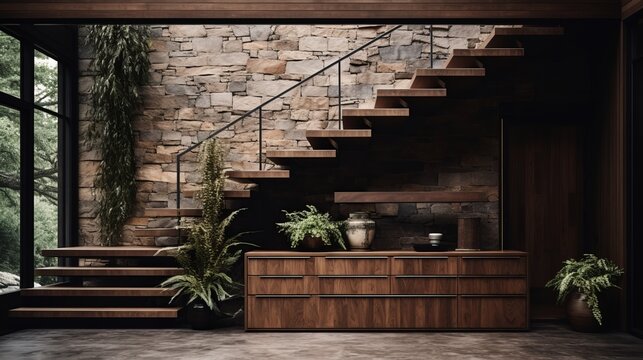 Cozy home interior design of rustic hallway with wooden staircase and stone cladding wall