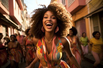 Woman in the Streets of Brazil Celebrating Carnival, Festive Carnival Streets, Brazilian Woman Immersed in the Vibrant Celebration, Dancing with a Joyful Expression on Plenty Streets